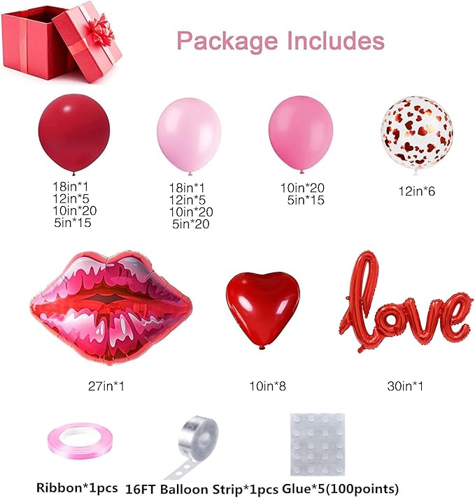 DBKL 138pcs Valentines Day balloon Garland Arch Kit, Pink Red Rose Pink Balloons with Love Lips Foil Balloons for Valentines Birthday Wedding Anniversary Party Decorations