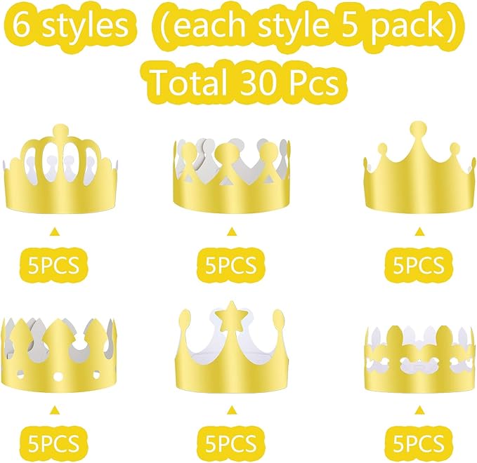 TUPARKA 30 Pcs Paper Crown Golden King Crowns Gold Foil Party Crown Hat Cap for Birthday Celebration Baby Shower Photo Props