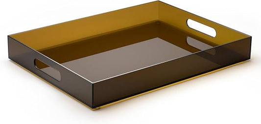 ATZYmolin 16"x12" Large Acrylic Serving Tray Decorative Ottoman Coffee Table Vanity Tray Tea Fruit Platter Snack Appetizer Dessert Drink with Handles for Bar Kitchen Party, Amber