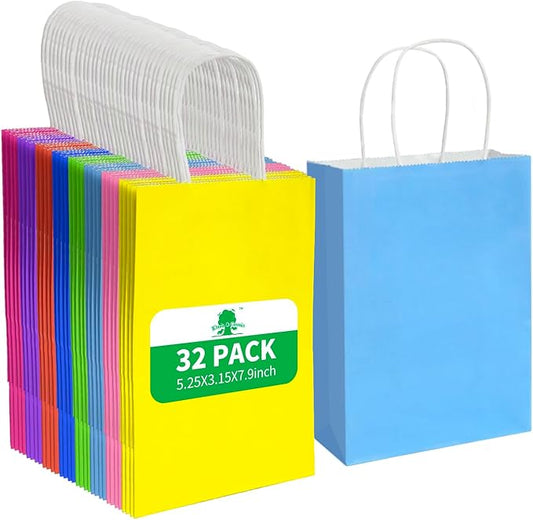 Klean & Conwenice 32Pcs Paper Gift Bags with Handles5.25x7.9x3.15'', 8 colors,Small Size ,Kraft Paper Party Favor Bags ,Rainbow Goodie Bags For Christmas Halloween Kids Birthday Party Baby Shower Party Supplies