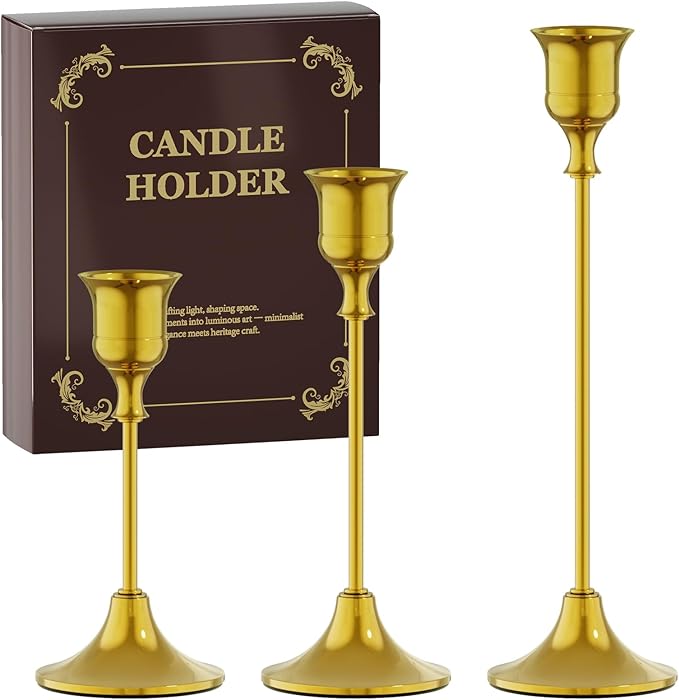 FSyueyun Gold Candle Holders Set of 3, Elegant Metal Candlestick Holders for Vintage Taper Candle Holders, Perfect for Table Centerpieces, Fireplace Mantels, Home Decor, Weddings and Party Decorations