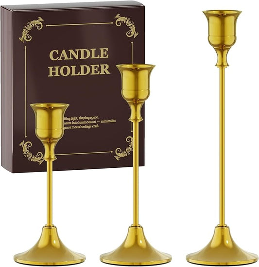 FSyueyun Gold Candle Holders Set of 3, Elegant Metal Candlestick Holders for Vintage Taper Candle Holders, Perfect for Table Centerpieces, Fireplace Mantels, Home Decor, Weddings and Party Decorations