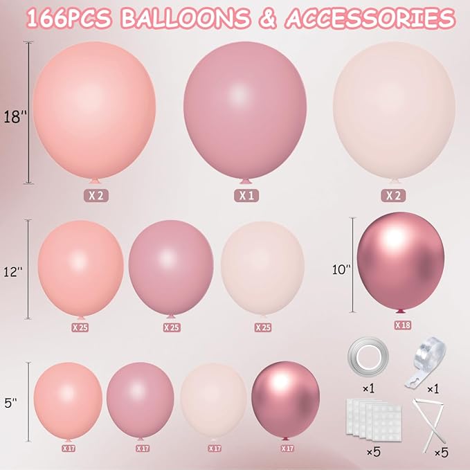 MEBAY Dusty Pink Balloon Arch Kit, 166Pcs Pastel Nude Light Pink Metallic Balloons Garland for Wedding Bridal Baby Shower Princess Girl Women Birthday Party Decorations