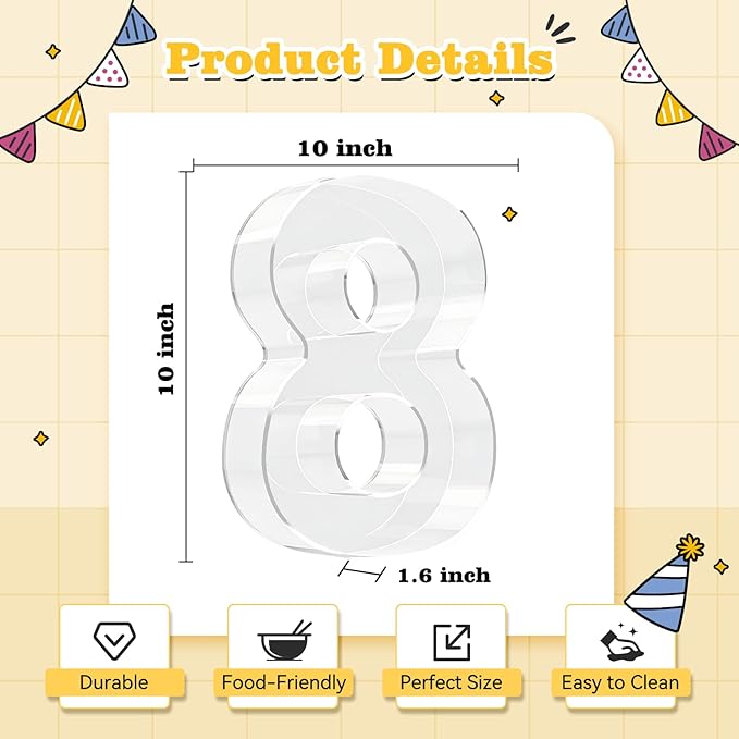 Ledido 10’’ Acrylic Number Charcuterie Board Box, Reusable Fillable Serving Tray for Candy Cake Fruit Snack, Easy-Clean Acrylic Charcuterie Tray for Birthday Anniversary Party Decorations, Number 8