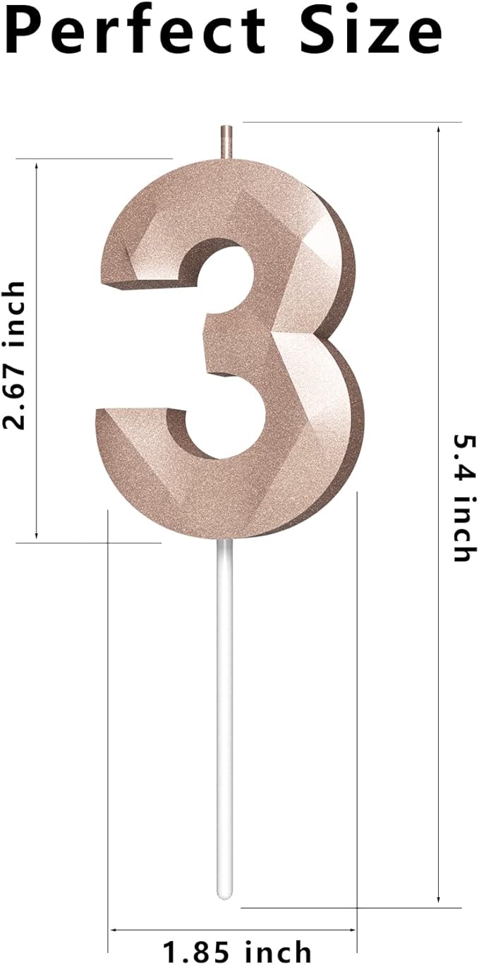 Number Birthday Candles(3 Candle Rose Gold) 3D Diamond Shape Number Happy Birthday Cake Candles for Birthday Party Wedding Decoration Reunions Theme Party