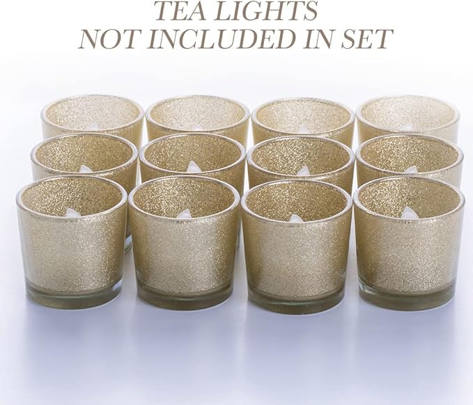 Gold Votive Candle Holders, BeMoment Glitter Glass Tealight Candle Holder for Christmas, Wedding Decor and Home Decor, Festival, Xmas, Holiday, Set of 12(2”×2”)