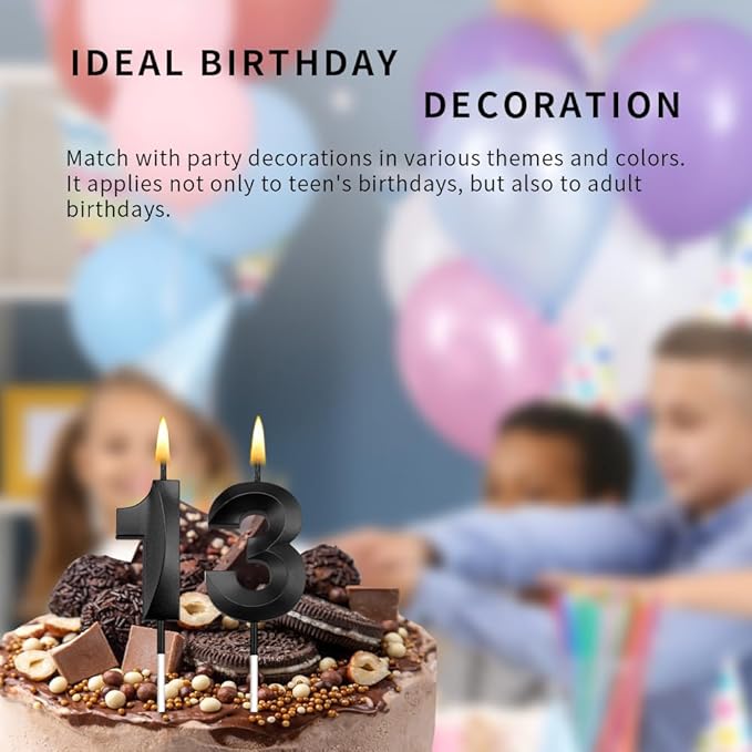 13th Birthday Candles, 13 Candles, Happy 13th Birthday Candles, Black Birthday Decorations for Boys, Black Number Candles for Boys Girls