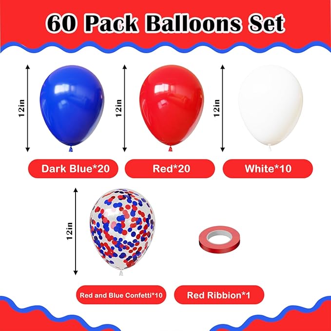 Red White and Blue Balloons,60Pcs Red and Blue Balloons,12in 4th of July Balloon for 4th of July Independence Day USA Party Birthday Party Decorations