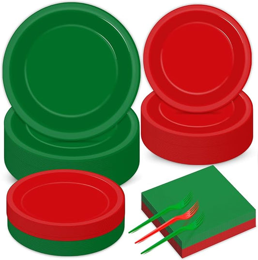 gisgfim 50 Guests Christmas Party Supplies Red and Green Plates and Napkins Plastic Forks Holiday Tableware Xmas Paper Plates for Christmas Party 200PCS