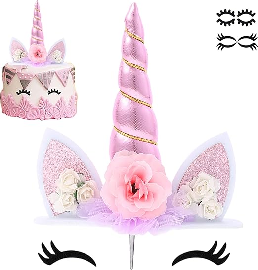 Unicorn Cake Topper Birthday Party Supplies Cute Handmade Cake Decoration Pink Unicorns Horn Cake Topper Decorations for Girls First Birthday Cake Accessories with Eyelashes, 5.8 Inch