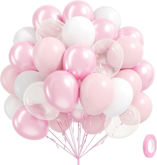 60pcs Pink and White Balloons 12inch with Clear Pastel Pearl Pink Balloons for Wedding Bridal Baby Shower Shower Birthday Party Decorations