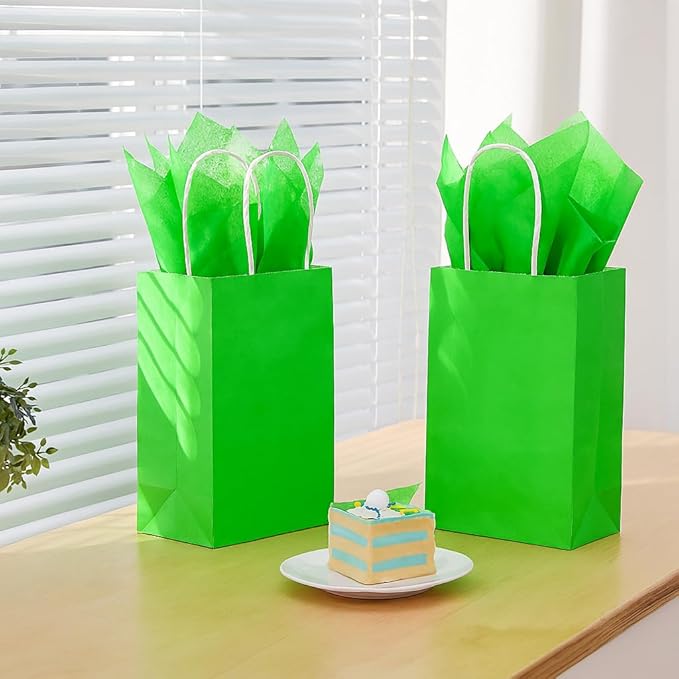 SUNCOLOR Green Gift Bags with Handles, 24 Pack Kraft Paper Party Favor Bags, 7.9x5.12x3.15 Inches, with Tissue Paper for Christmas, St. Patrick's Day, Birthdays