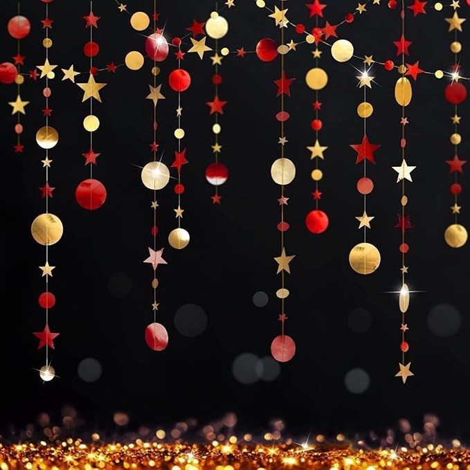 Cheerland Maroon and Gold Party Decorations Red Gold Scarlet Star Circle Garland Hanging Dots Streamer Red Decorations for Chinese New Year Graduation Birthday Anniversary Wedding Bridal Shower Party