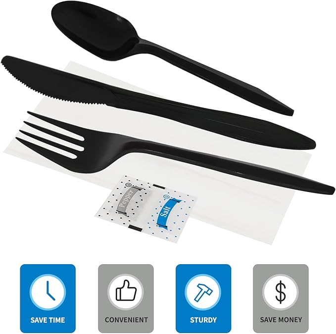 Knife Fork Spoon Napkin Salt Pepper Sets, Individually Wrapped Black Plastic Cutlery Packets for Delivery, Cafeterias, Restaurants (1000 Pack)