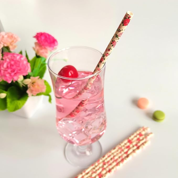 100 Pcs Light Pink With Red Rose Flower Paper Straws, Vintage Green Leaf Floral Drinking Straws, Retro Garden Tea Party Wedding Valentine Spring Celebrations Events Cake Pop Sticks (Flower H001)