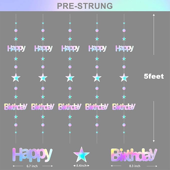 Pre-Strung Iridescent Happy Birthday Banner Decorations, No DIY Holographic Star Circle Dot Garland Sign Hanging Streamers Birthday Party Decor for Women Men Girl Boy Party Supplies