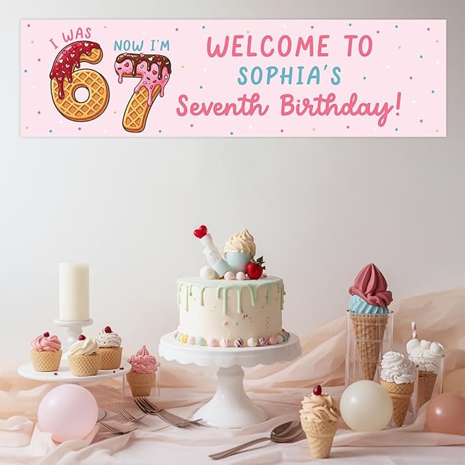 Andaz Press 13x48 Inch Custom 6 7 Birthday Banner Decorations, Personalized Birthday Banner with Custom Name, Ice Cream Theme 67 Happy Birthday Party Banner for Boys or Girls, Home or Party Décor