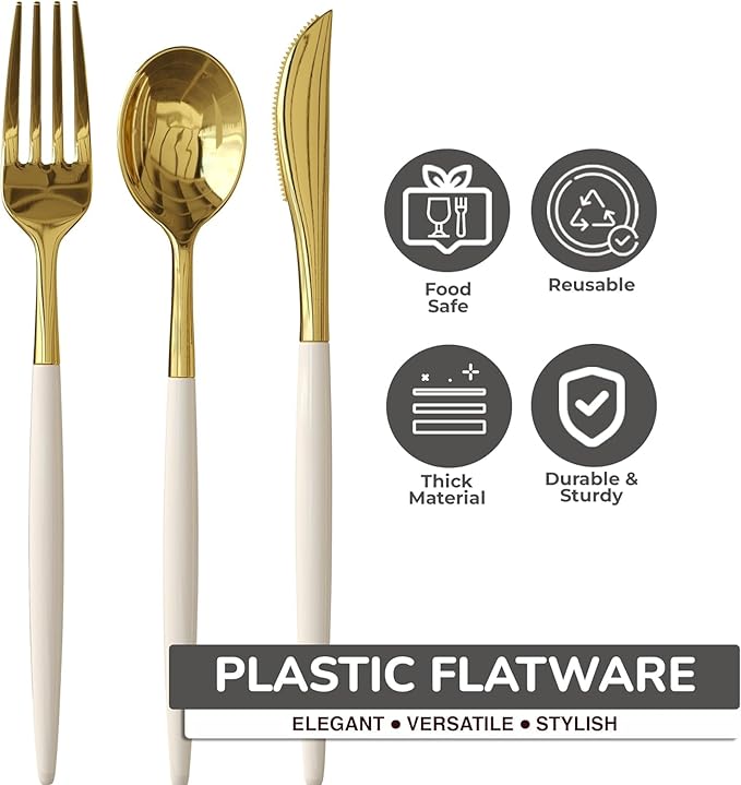 Trendables 120 Pack Disposable Silverware Set - Ivory & Gold Plastic Cutlery Dinnerware - Includes 40 Forks, 40 Spoons, 40 Knives - Party Set