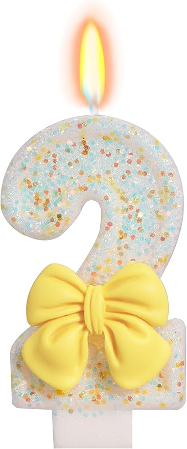 Birthday Candle for Cake, Yellow Bow Cake Candles, Cake Topper Decoration for Birthday Party (Number 2)