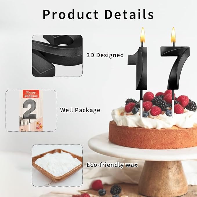 17th Birthday Candles 17 Candles for 17th Birthday Decorations for Boys Happy 17 Birthday Cake Topper Black Birthday Candles Black Number Candles Happy Decorations for Girls (17)