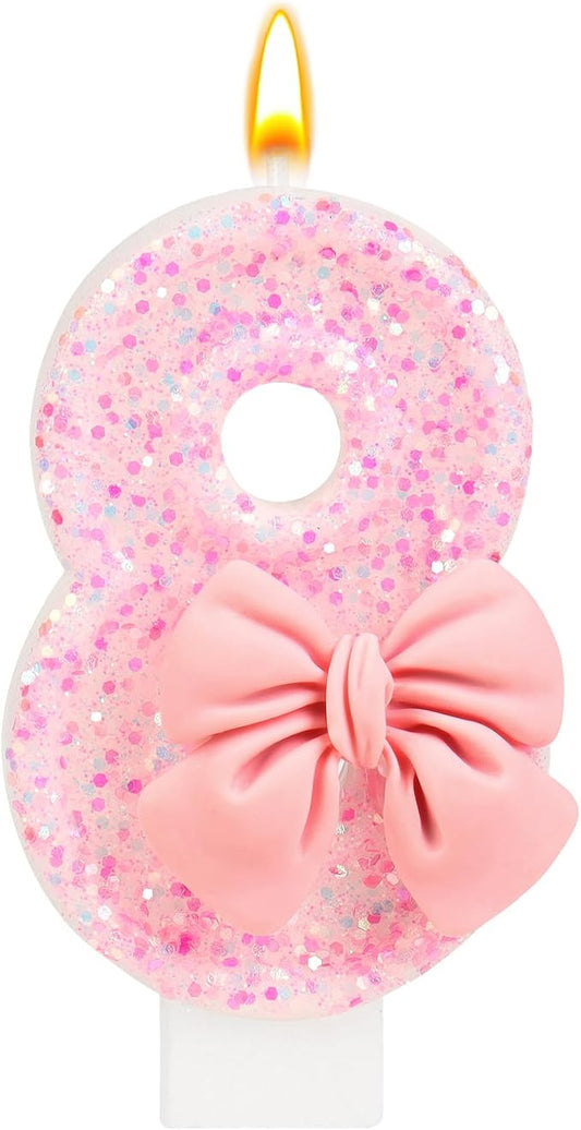 Pink Bow Number 8 Birthday Candle, Glittering Candles Birthday Cake Topper, Princess Themed Party Decor for Girls and Women Anniversary Party Supplies