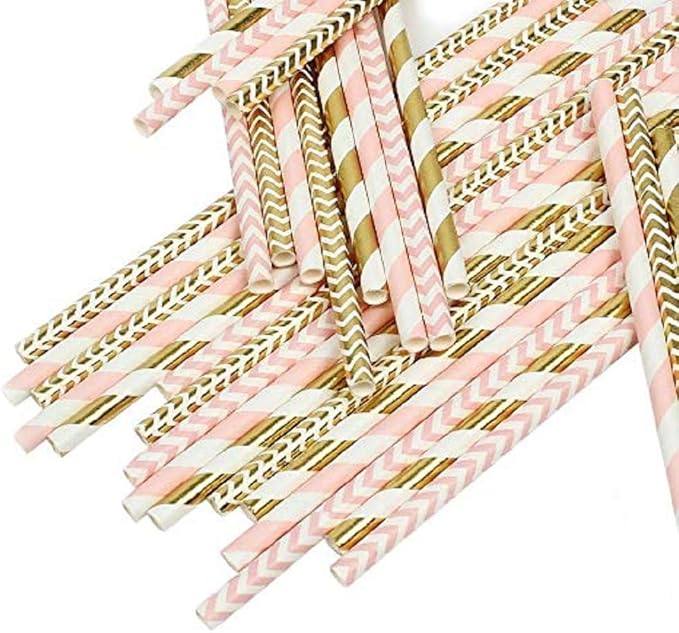 KTOJOY Biodegradable Paper Straws, 100 Pack Pink for Party Supplies, Birthday, Wedding, Bridal/Baby Shower Decorations and Holiday Celebrations