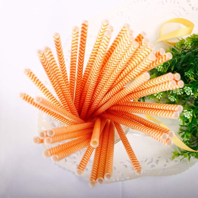 Webake 100 Pack Chevron Paper Straws Wave Patterned Drinking Straws Bulk 7.75 Inch Disposable Biodegradable Restaurant Supplies for Thanksgiving Table Decor Orange Striped