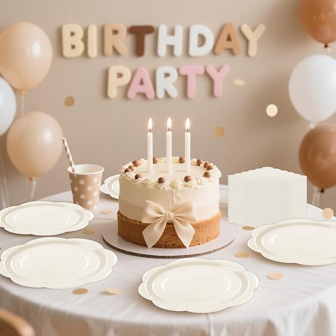 75 PCS Ivory Paper Plates and Napkins Party Supplies, Cream Scalloped Plates Napkins Forks Disposable Tableware Set for Bridal Baby Shower Wedding Birthday Party Decorations (Ivory)