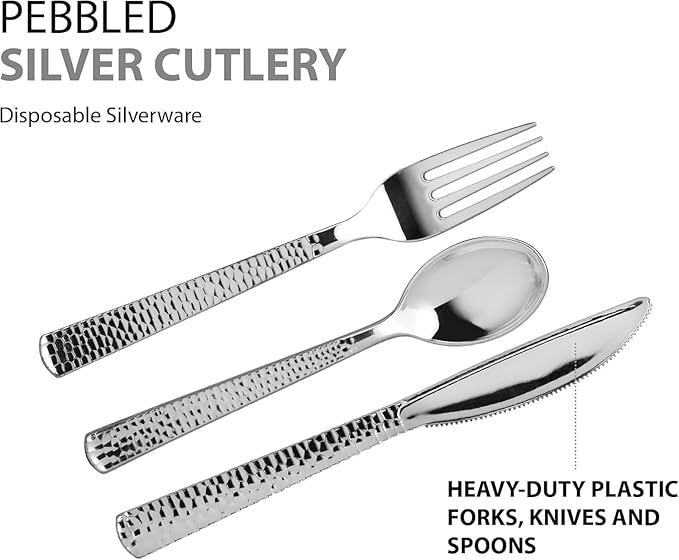 960 Piece Silver Plastic Silverware, Extra Heavyweight Disposable Cutlery Set, Full Size Silver Pebbled Flatware Combo, 480 Forks 240 Spoons 240 Knives, Bulk Party & Wedding Utensils