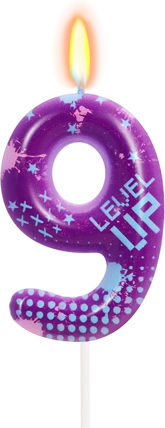 STG Birthday Candles for Boys - Number 9 Candle for Video Game Birthday Cake Topper, Fort Battle Level Up Sandbox Games Birthday Party Supplies (Purple)