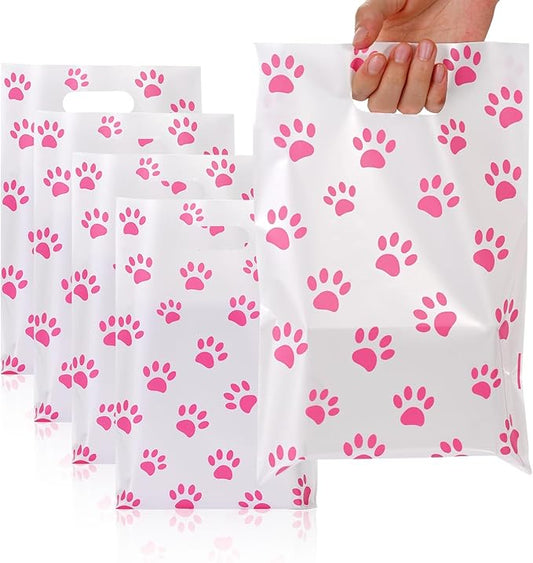 HappFestiv 50 Pcs Pink Dog Paw Party Favor Bags, Cute Puppy Plastic Goodie Bags for Candy & Small Gifts, Dog Paw Party Decorations and Supplies Treat Bags, Gift Bags for Birthday Party Baby Shower