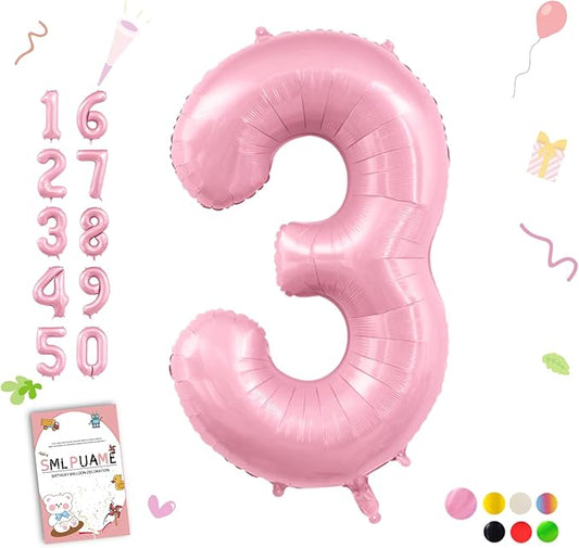 Pastel Pink 3 Balloons, 40 Inch Large Light Pink Foil Number Balloons 0-10, Self-Sealing 3rd Birthday Balloon for Girls Women Anniversary Baby Shower Princess Party Decorations Supplies