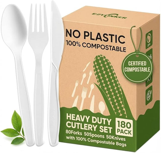 180Pcs Reusable Utensils Cornstarch Made - Heavy Duty Compostable Forks 80, Compostable Spoons 80, & 50 Knives Set - 100% Disposable Eco Friendly Flatware for Party, Wedding, BBQ, Camping (180 Pack)