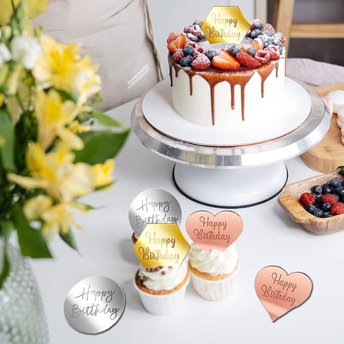 30 PCS Happy Birthday Cake Disc Mini Acrylic Cake Toppers, Mirror Acrylic Cupcake Toppers DIY Heart Round Hexagon Shape Engraved Cake Topper Charms Cake Cupcake Decorations for Birthday Party Decor