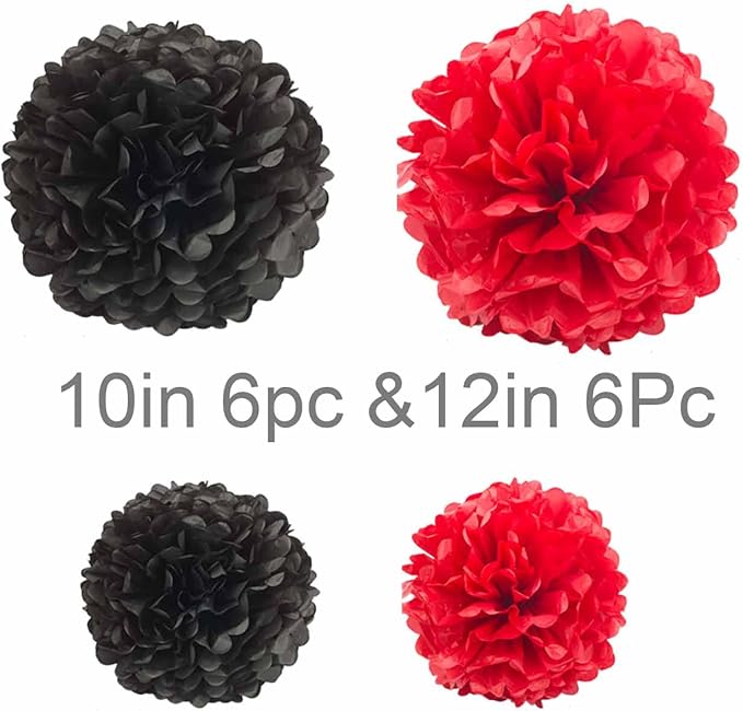 Black and Red Tissue Paper Pom Poms Hanging Tissue Flowers Poms Decorations Pack of 12 for Wedding, Birthday,Party Backdrop Decor ect. (12", 10",Tissue Paper Flowers)