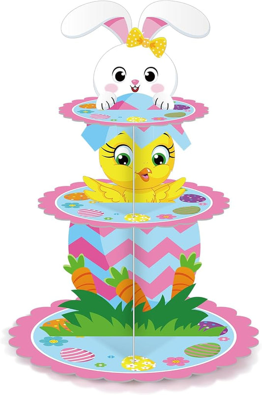 Zopeal 3 Tier Happy Easter Cupcake Stand Party Decorations Bunny Cupcake Holder Colorful Eggs Cake Holder Dessert Stand for Easter Party Supplies Birthday Baby Shower Decorations