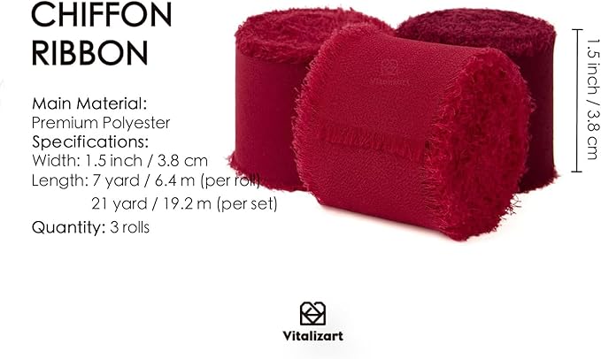 Vitalizart Red Handmade Chiffon Silk Ribbon Fringe 1.5" x 21 Yd Burgundy Frayed Edges Ribbons for Wedding Invitations Bridal Bouquets Gifts Wrapping Crafts Holiday Party Decorations
