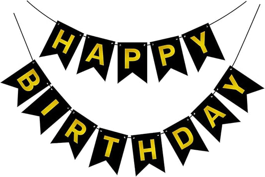 Black Gold Happy Birthday Banner Signs Party Decoration for Women Men Girls Boys