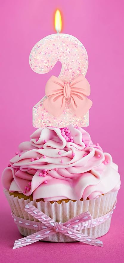 Birthday Candle for Cake, 2 Candle - Pink Glitter with Bowknot, 2.76 inch Happy Birthday Candle, Cake Topper Decoration for 2 Years Old Birthday Party (Number 2)