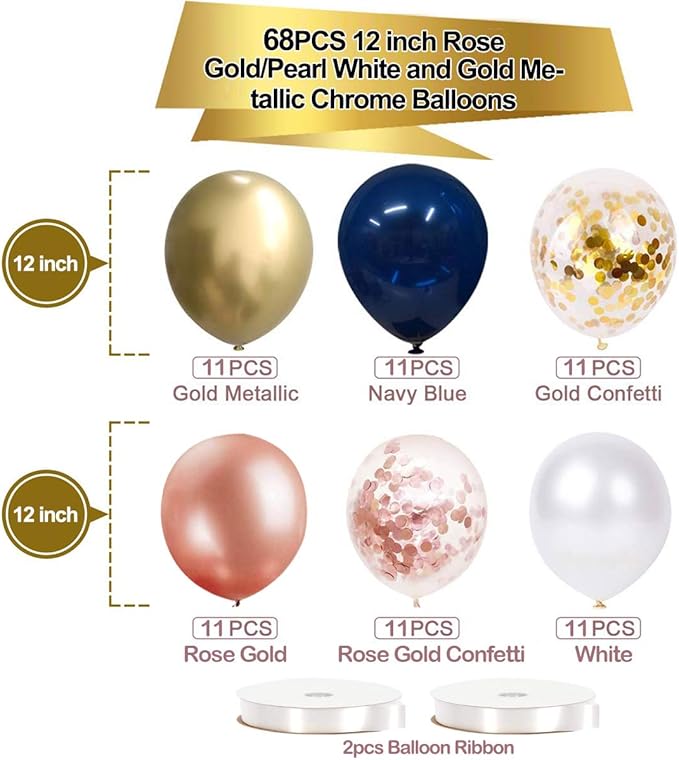 68 Pack Navy Blue Rose Gold Confetti Latex Balloons, 12 inch Birthday Balloons with 65 Feet balloon Ribbon for Birthday Party Wedding Graduation Bridal Shower Decorations