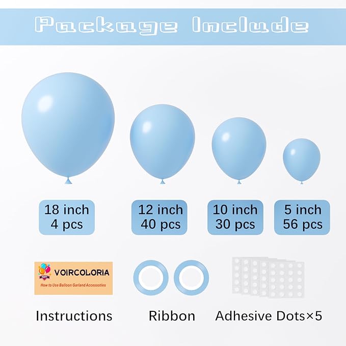 Voircoloria 130pcs Light Blue Balloons Different Sizes 18" 12" 10" 5" Baby Blue Balloons for Boys Girls Birthday Baby Shower Gender Reveal Wedding Children's Day Decorations