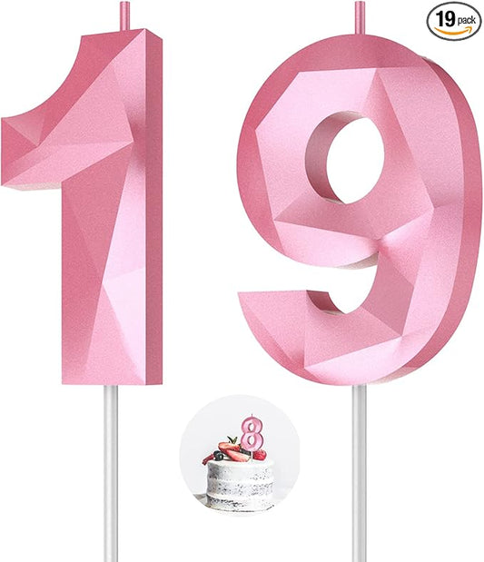 Number Birthday Candles(19 Candle Pink) 3D Diamond Shape 19th Happy Birthday Cake Topper Decorations for Girl Women Birthday Wedding Anniversary Celebration Theme Party Supplies