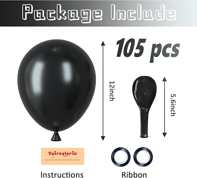 Voircoloria 105pcs Black Balloons 12inch Party Latex Balloons for Birthday Graduation Baby Shower Anniversary New Year Holiday Party Decorations