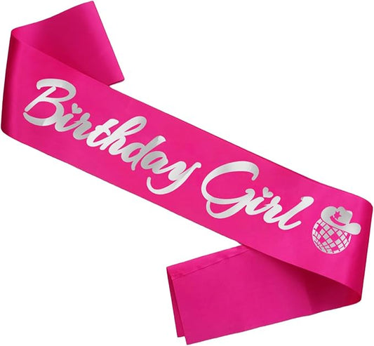 Birthday Girl Sash, Disco Cow Birthday Sash for Cowgirl Funny Birthday Gift Ideas Suppiles, Hot Pink+ Silver Foil