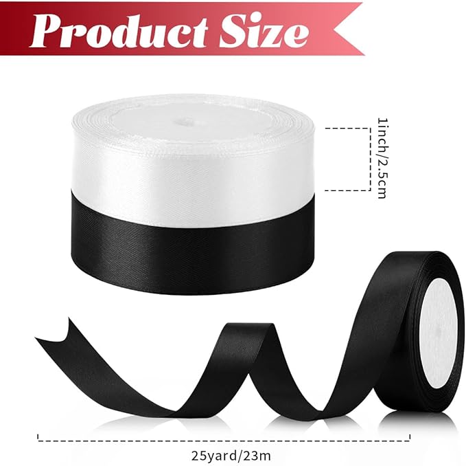 2 Rolls Black & White Ribbon - 1 Inch X 50 Yards - Silk Satin Ribbon for Bouquet, Arrangement & Halloween Decorations