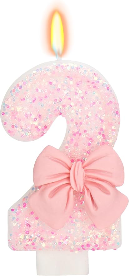 Birthday Candle for Cake, 2 Candle - Pink Glitter with Bowknot, 2.76 inch Happy Birthday Candle, Cake Topper Decoration for 2 Years Old Birthday Party (Number 2)