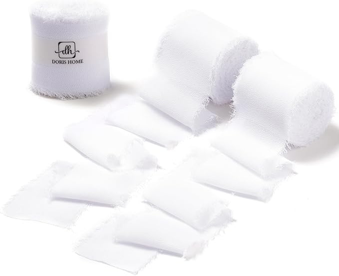 DORIS HOME White Chiffon Ribbon for Flower Bouquet, 2" x21Yd Fabric Ribbon for Gift Wrapping, Handmade Frayed Ribbon for Wedding/Christmas Decorations