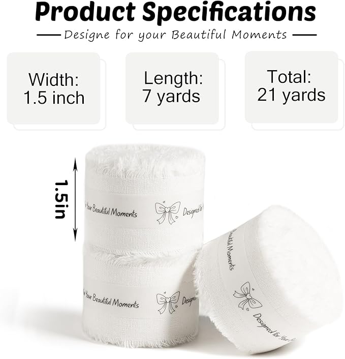 White Cotton Ribbon 1-1/2 Inch White 3 Rolls 21 Yards Frayed Edge Fabric Set for Wedding Invitations, Bridal Bouquet Wrap, Baby Shower, Christening & Gift Wrapping