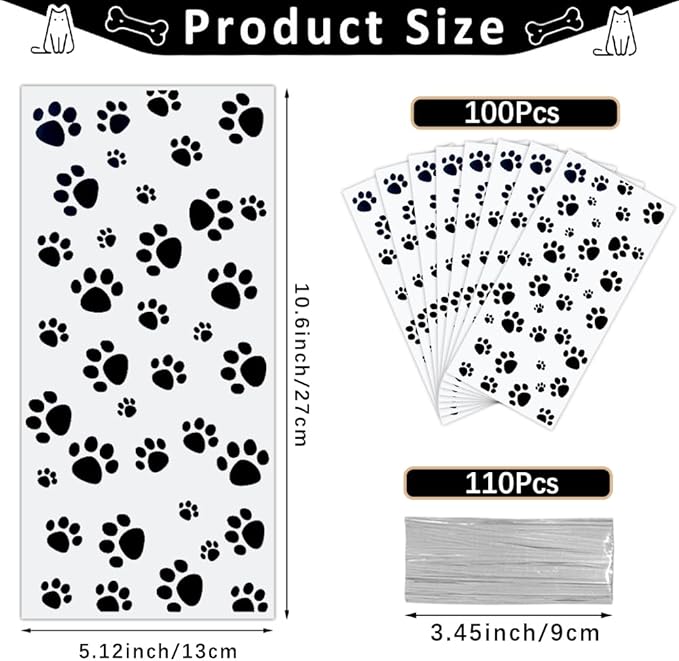 Dog Cellophane Treat Bags, 100PCS Plastic Paw Goodie Bags with Ties for Candy Cookie Gifts, 5x11 Inch Clear Gift Bag for Baby Shower Pet Puppy Birthday Party Decorations Favors Supplies Wrapping