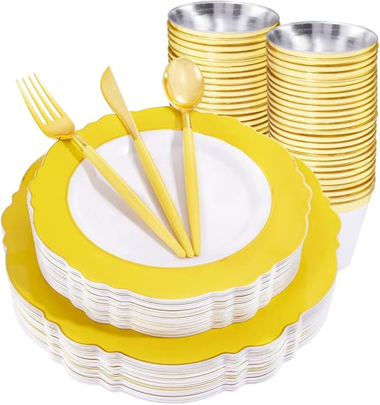 WDF 150pieces Yellow Disposable Dinnerware Hign-end Baroque Design - Sturdy&Durable Baroque Yellow Sunshine&Gold Plastic Dinnerware for Upscale Wedding/Birthday/Party